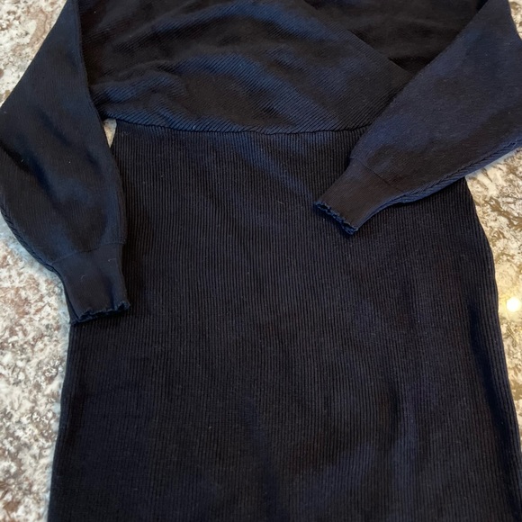 Small Medium Womens Sweater Dress Black Ribbed Long Sleeve Fall Winter Surplice - Picture 15 of 16